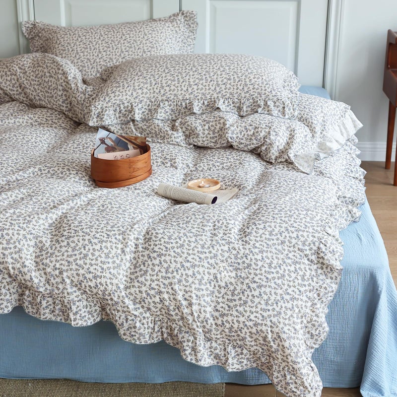 BuLuTu Chic Shabby Floral Girls Boys Duvet Cover Twin Size  Blue Flower Print Kids Duvet Cotton Muslin Soft Breathable Ruffled Quilt Cover Children Bedding  Zipper Closure - Image 3
